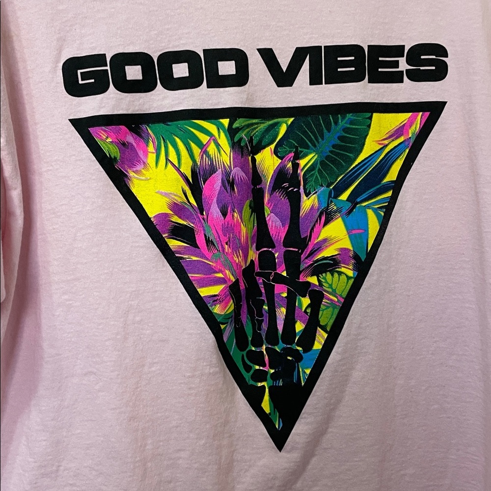 Good Vibes T-Shirt Women Size XL Pink Surfer Surf Skate Skeleton Floral - Picture 6 of 12